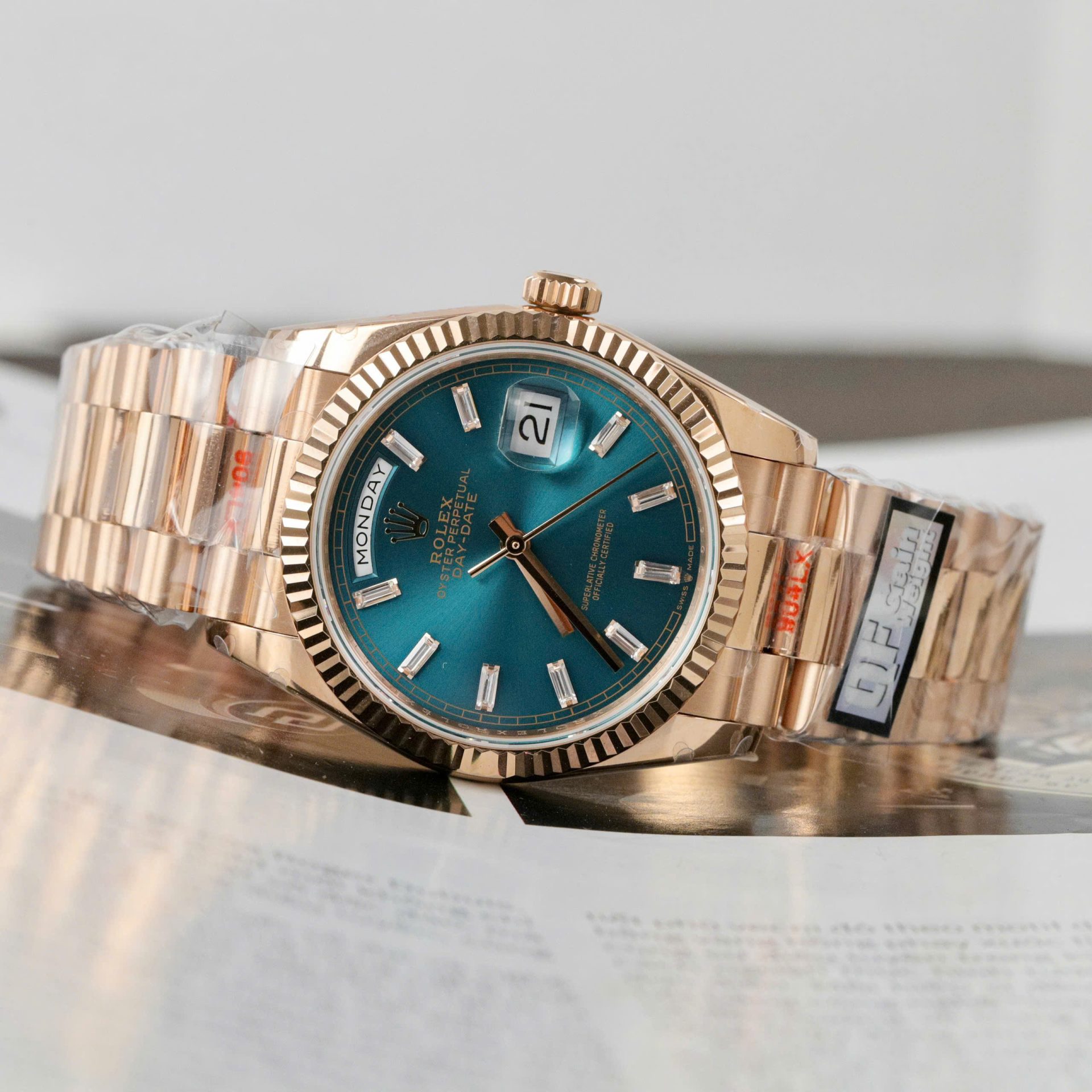Rolex Day-Date 128235 RG Plated Blue Dial CZ Diamonds 36mm Super Clone