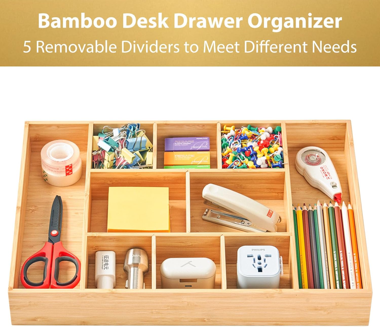 Umilife Extra Large Bamboo Desk Drawer Organizer, Wood Junk Organizer Tray with Adjustable Dividers, Anti-Skip Storage Organization in Office Bathroom Drawer for Vanity, Makeup, 17 x 12