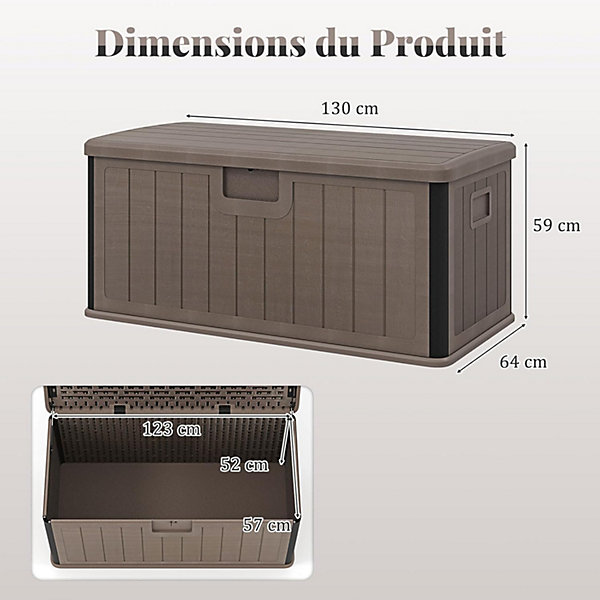 Coffre de Jardin Exterieur Etanche 378L, Poignée, Banc 2 Personnes,Charge 200KG pour Balcon Piscine, Marron,130x64x59CM