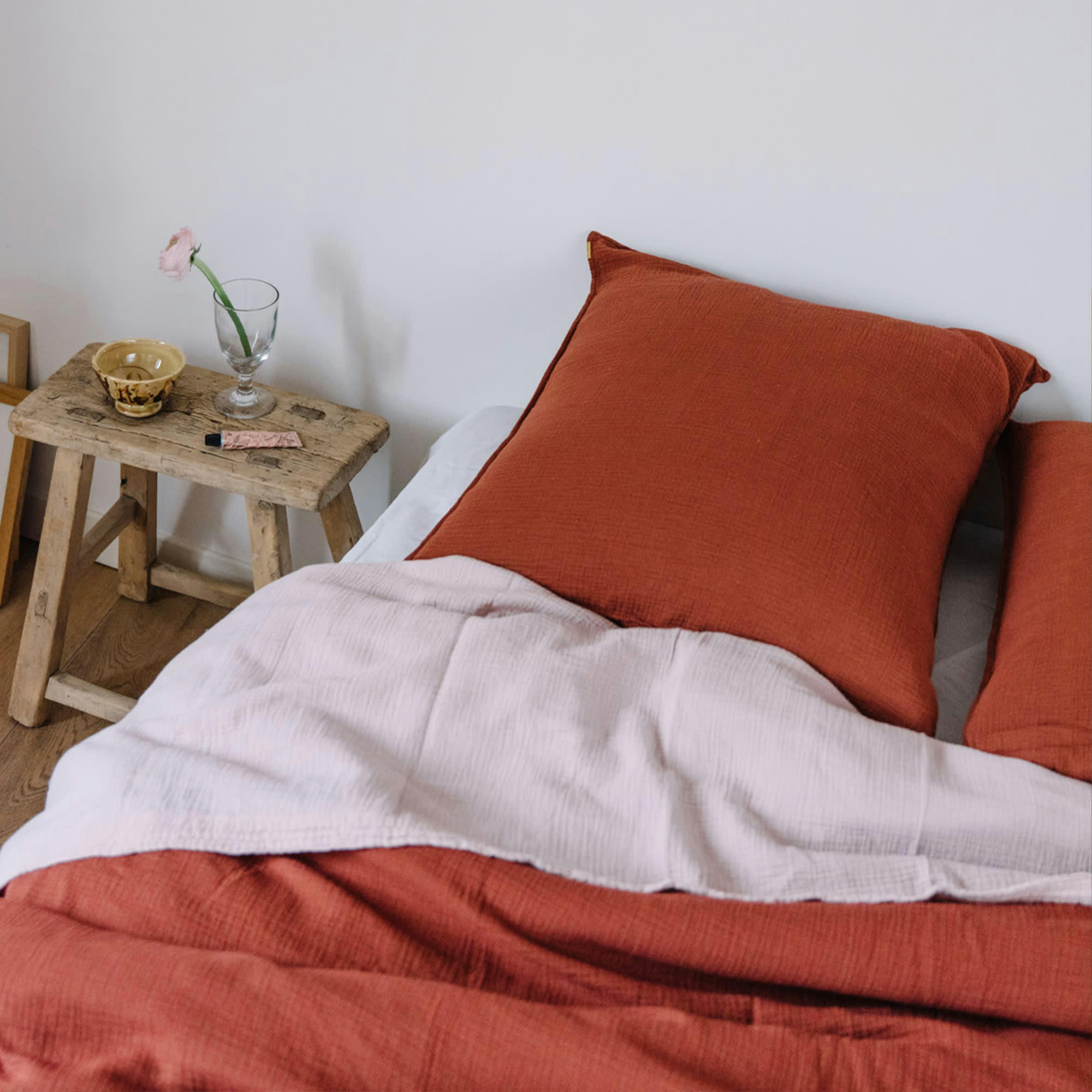 - Taie d'oreiller en double gaze de coton rouille 50x70 cm