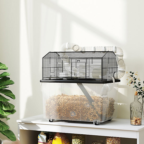 Cage pour hamster sur roulettes - cage à rongeur 2 portes - accessoires multiples - acier noir PP transparent