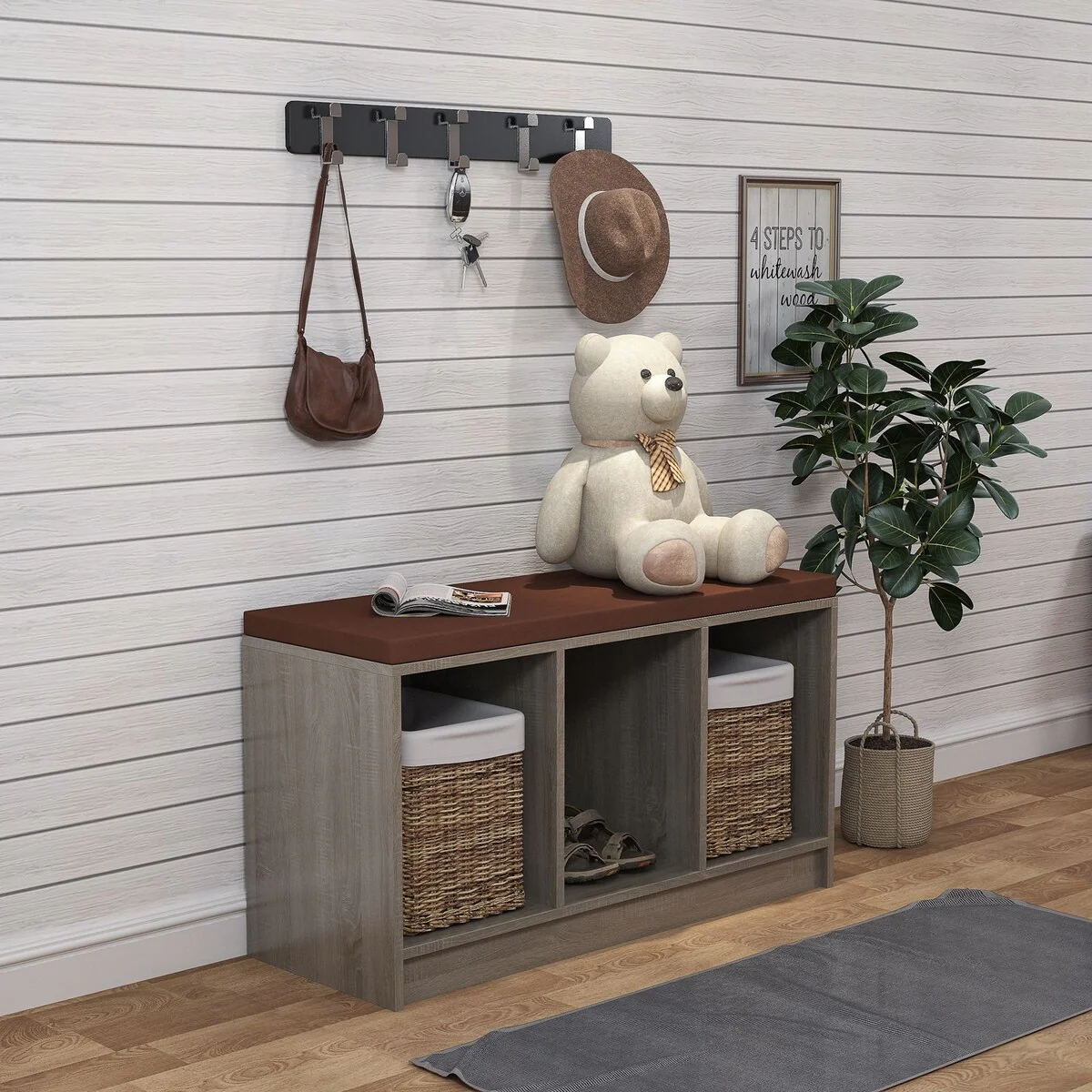 Wooden Storage Shoe Bench with Cushion