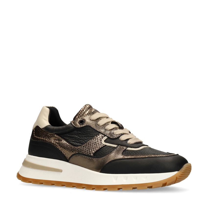 Manfield Zwarte leren sneakers met metallic details