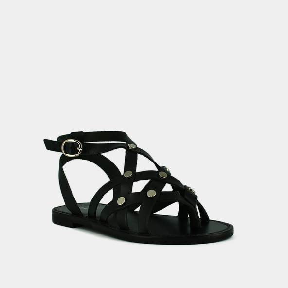 Nu-pieds à boucles et multiples bridesen cuir noir | WULIA