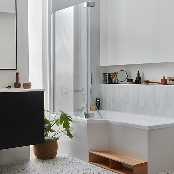 Pack baignoire bain douche antidérapante 170 x 90 JACOB DELAFON Neo version gauche   pare bain chromé   tablier en angle