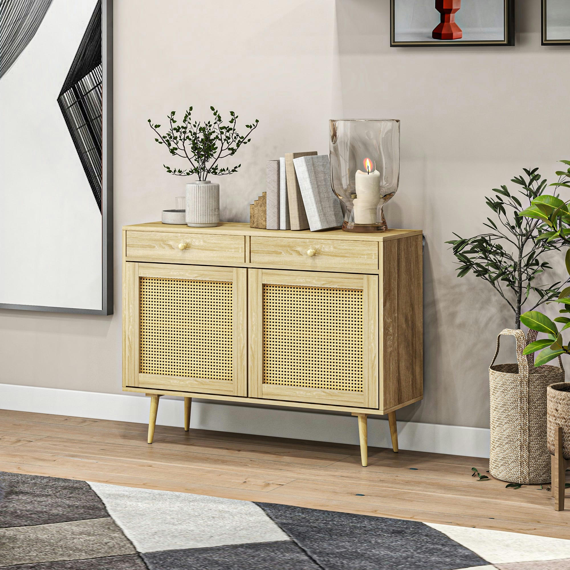 - Buffet 2 portes 2 étagères 2 tiroirs style bohème chic bois clair