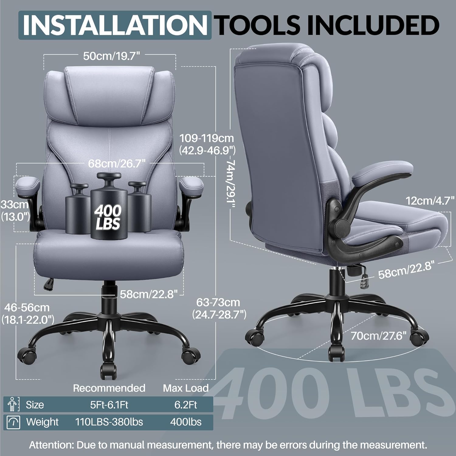 Office Chair, Leather Chair with Adjustable High Back Flip-up Armrests，Ergonomic Desk Chairs Big and Tall, Lumbar Support Swivel Computer Chair with Rocking Function