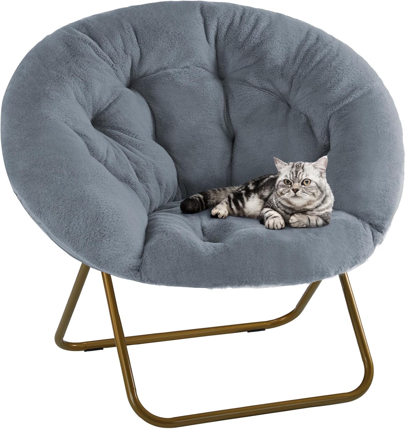 DUMOS Comfy Saucer Chair,Faux Fur Lounge Seasting XL Circle Chair for Bedroom, Dorm & Gaming, Foldable FAccent Seat for Small Spaces, Folding Moon/Mushroom/Round Oversized Style, Modern Grey