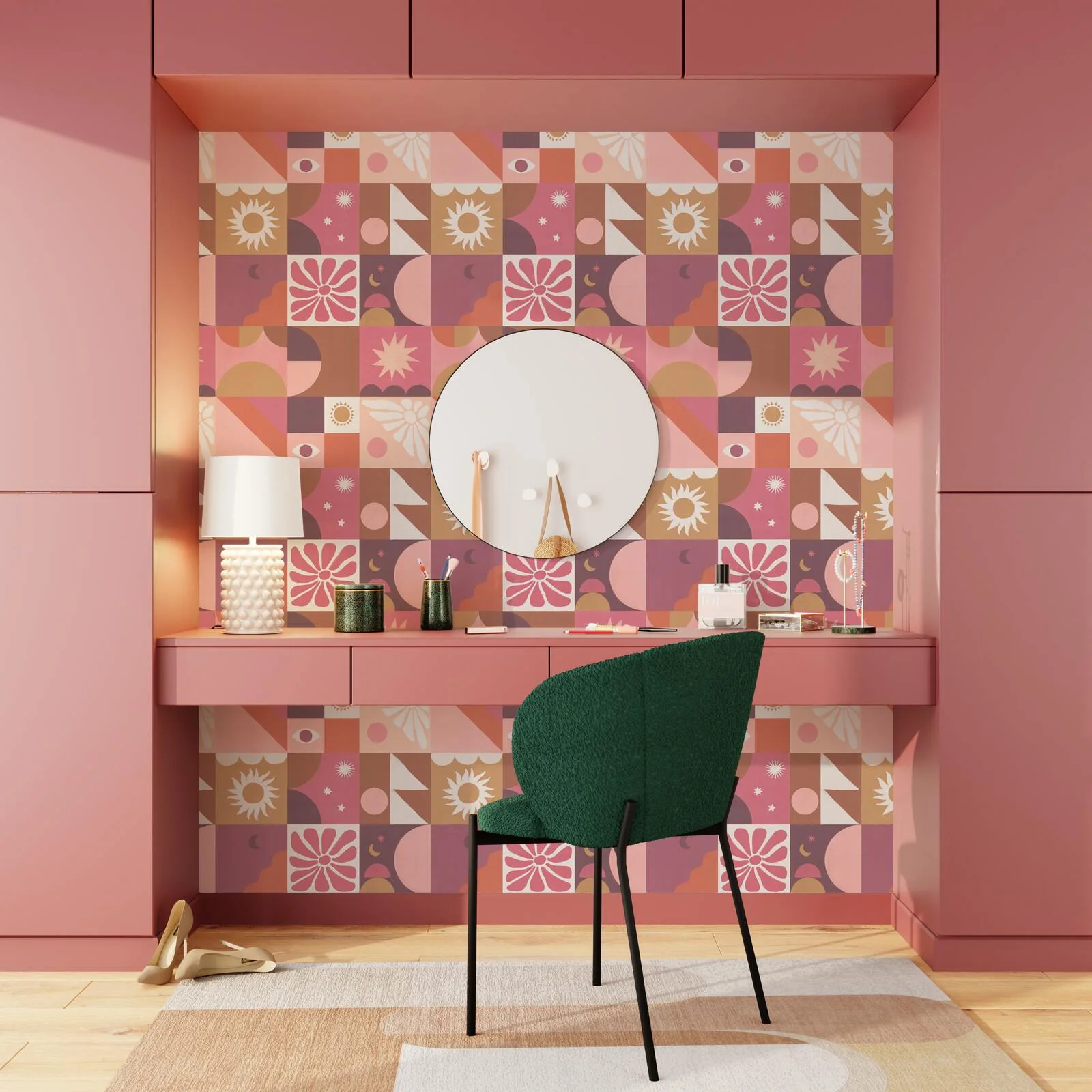 Papier peint intissé MYSTIC rose intense, prune et ocre