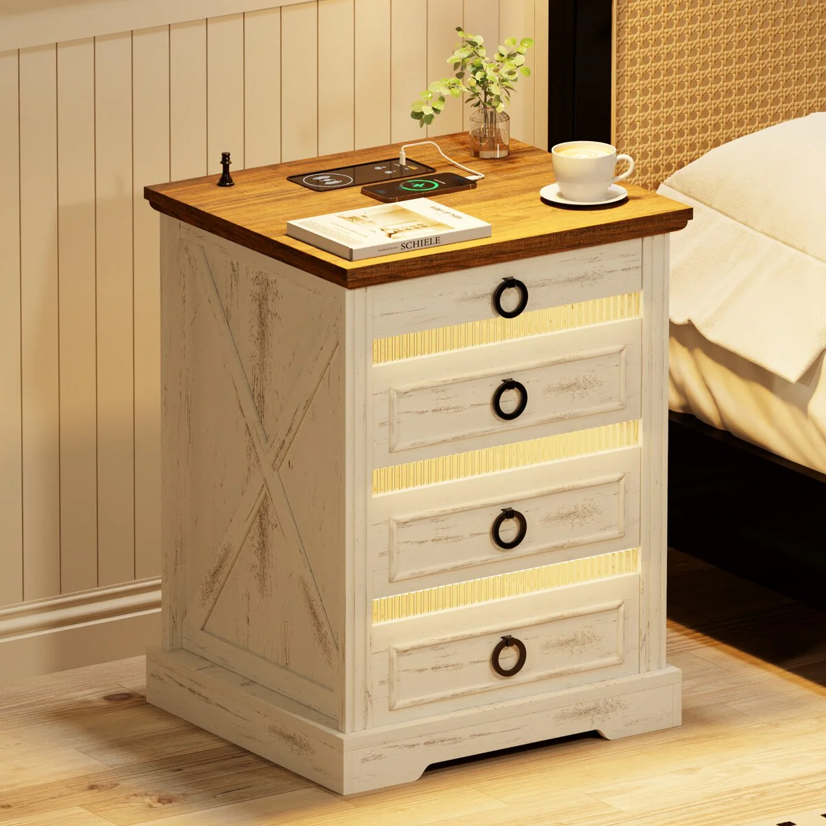 LED 2-Drawer Nightstand With Charging Station and Gun Drawer