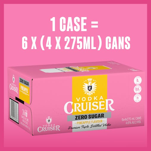 Vodka Cruiser Sugar Free Pineapple, Refreshing Flavoured Pre-Mixed Vodka Drink, 4.6% ABV, 275mL (Case of 24 Cans)