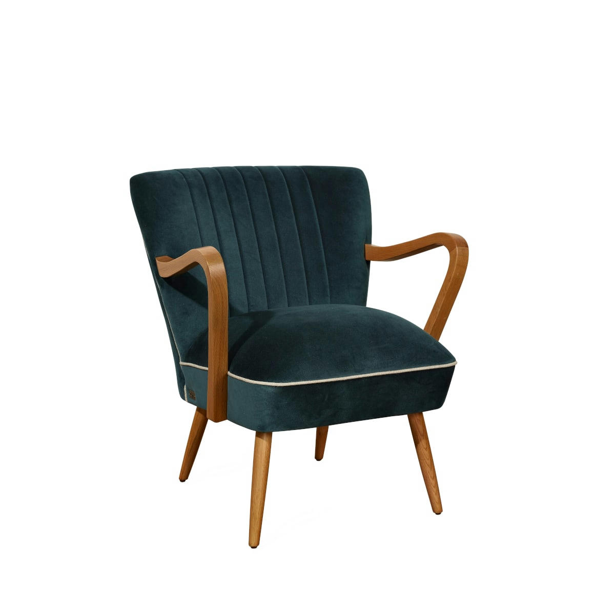 SIXTY - Fauteuil vintage en chêne et velours bleu paon