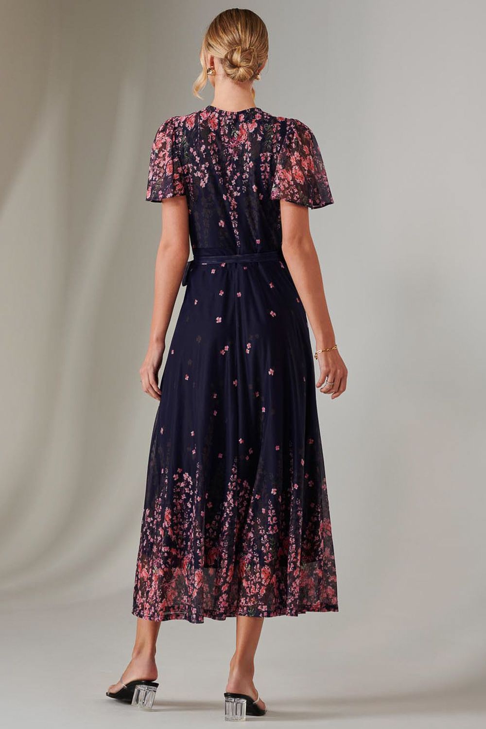 Jolie Moi Mirror Print Mesh Wrap Maxi Dress