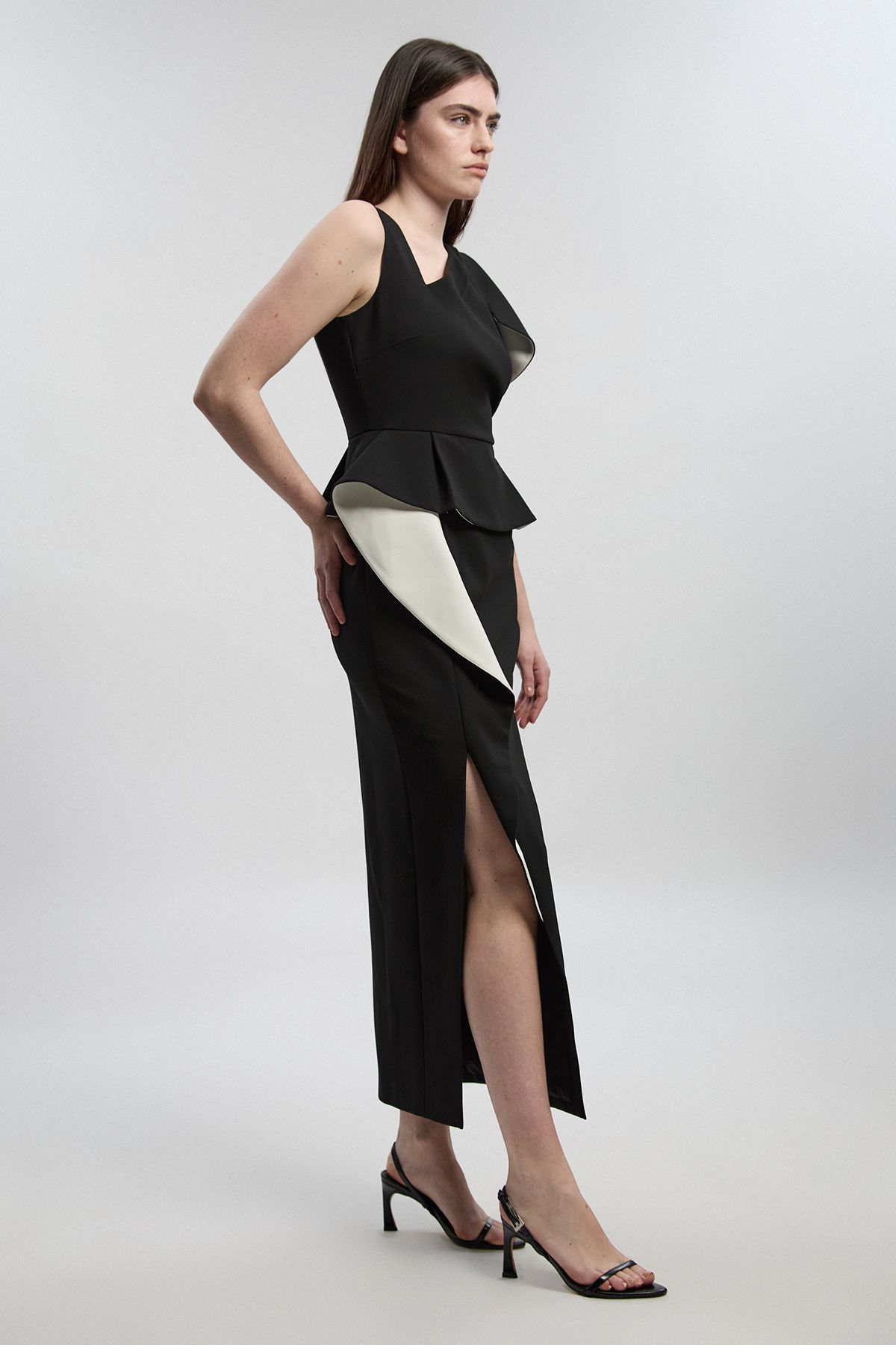 KarenMillen Compact Stretch Ruffle Peplum Belted Pencil Midi Dress