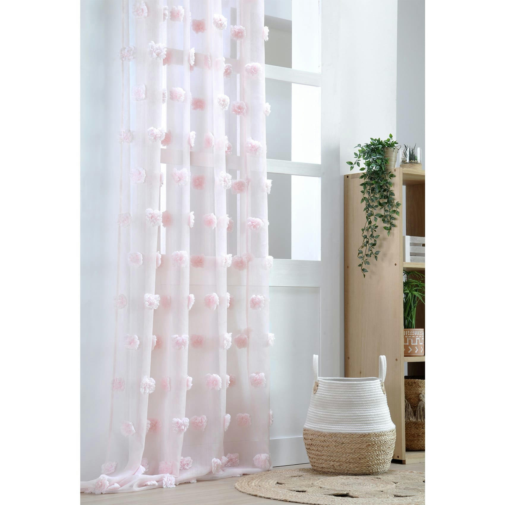 - Voilage fantaisie à pompons polyester rose clair 140x260 cm