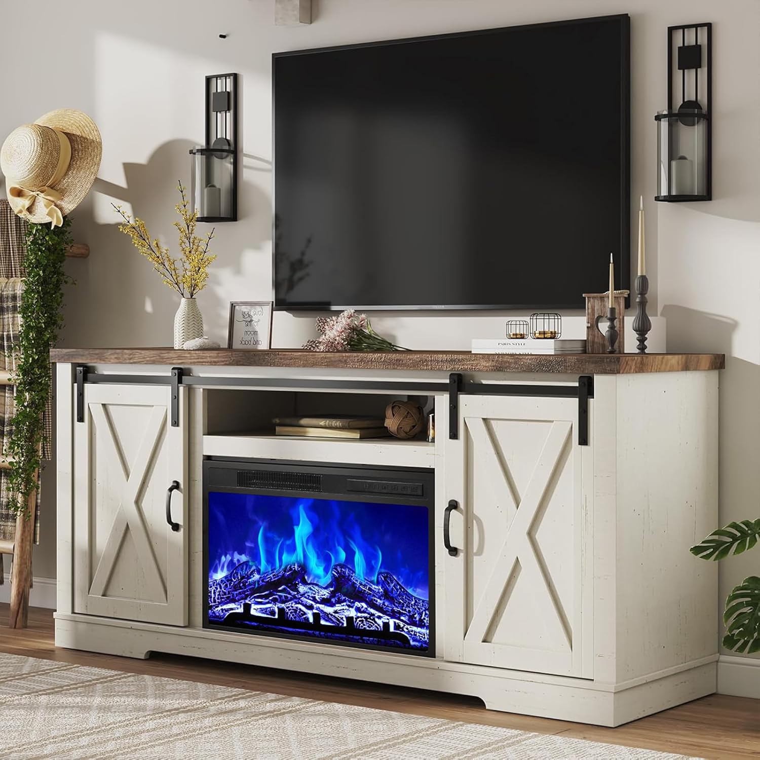 AMERLIFE Fireplace TV Stand with Sliding Barn Door for TVs up to 73, Farmhouse 63 Fireplace Entertainment Center with Storage Cabinets/Adjustable Shelves, Distressed White & Barnwood