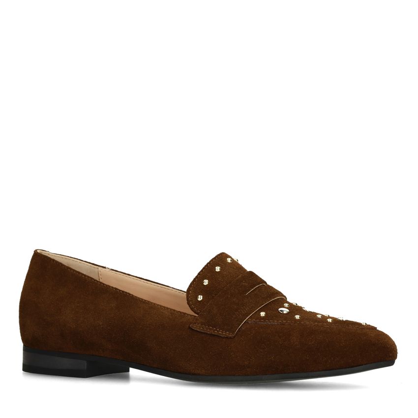 Manfield Donkerbruine suède loafers met gouden studs