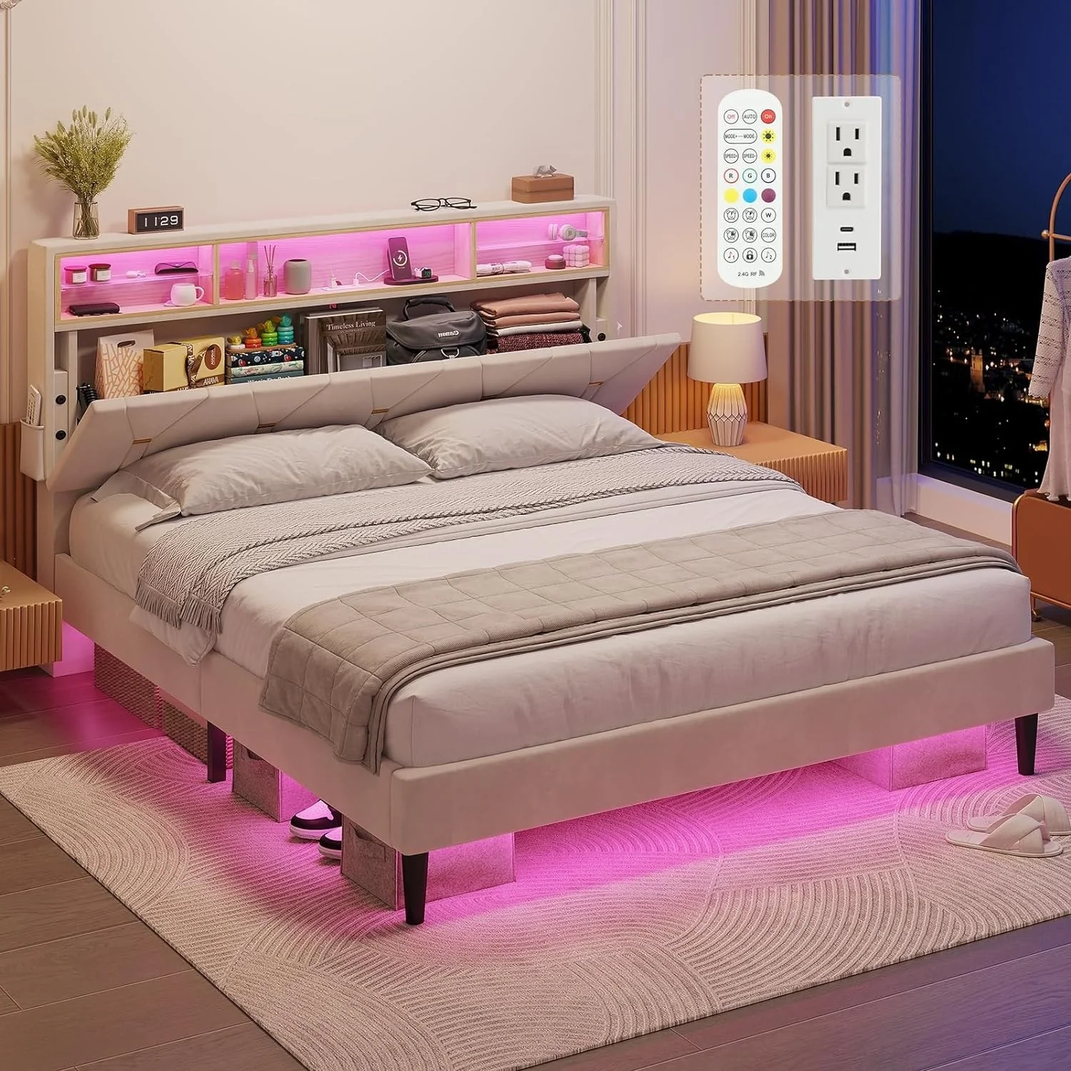 Bed Frame Storage Headboard RGB LED Lights Upholstered Platform