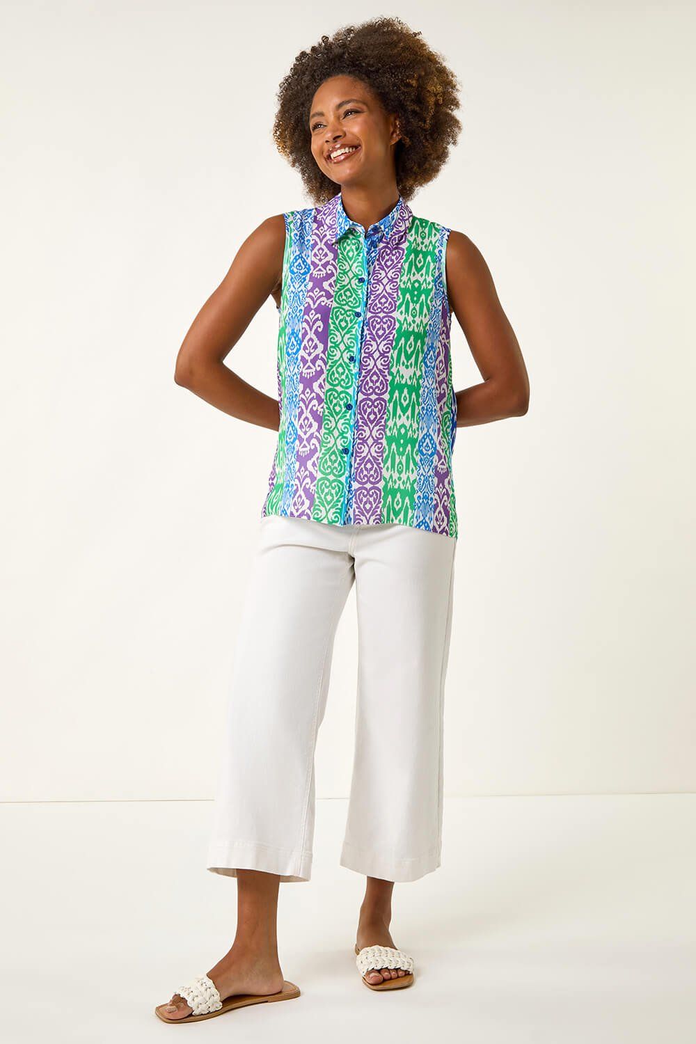 Roman Ikat Print Button Blouse