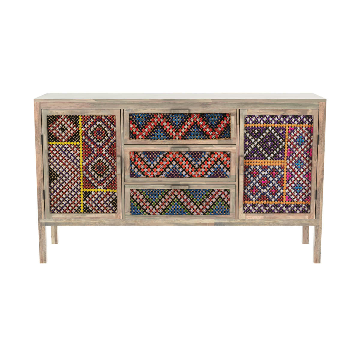 MASSAÏ - Buffet 3 tiroirs 2 portes en manguier et cannage coloré