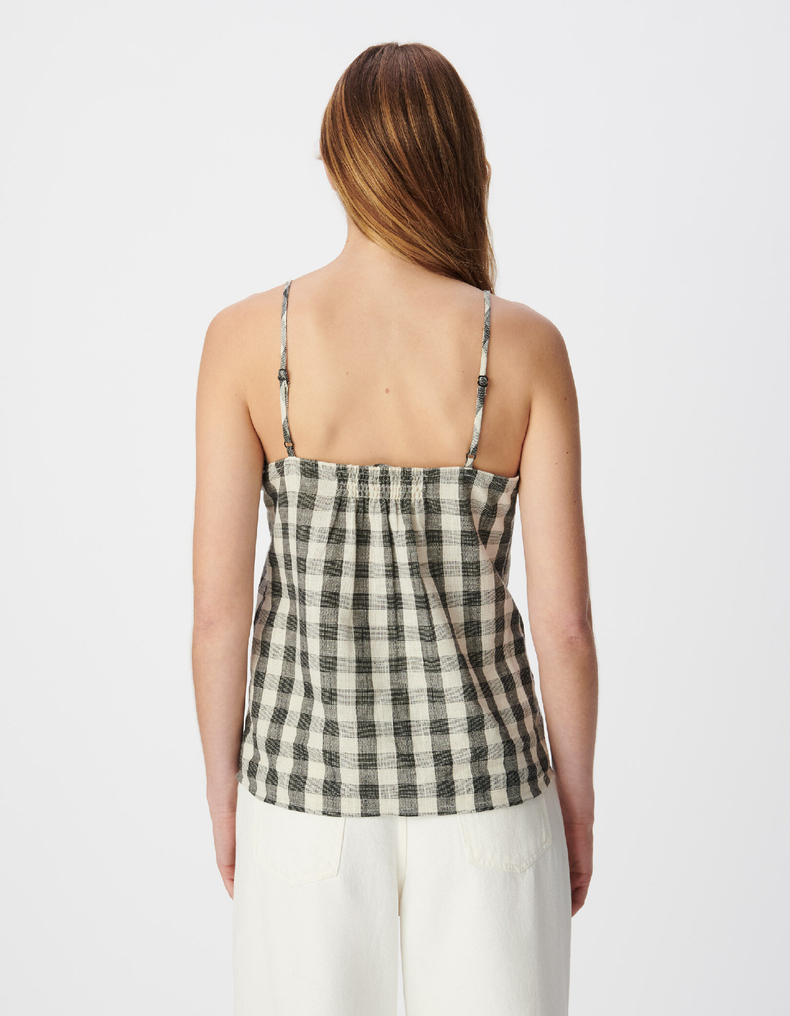 Top fines bretelles écru motif vichy et broderies Femme