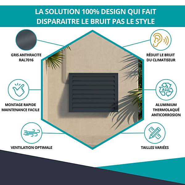 Cache climatiseur, Acoustique ATOLE en aluminium thermolaqué - Taille 1 : H. 80 x L. 100 x P. 54 cm - Gris anthracite