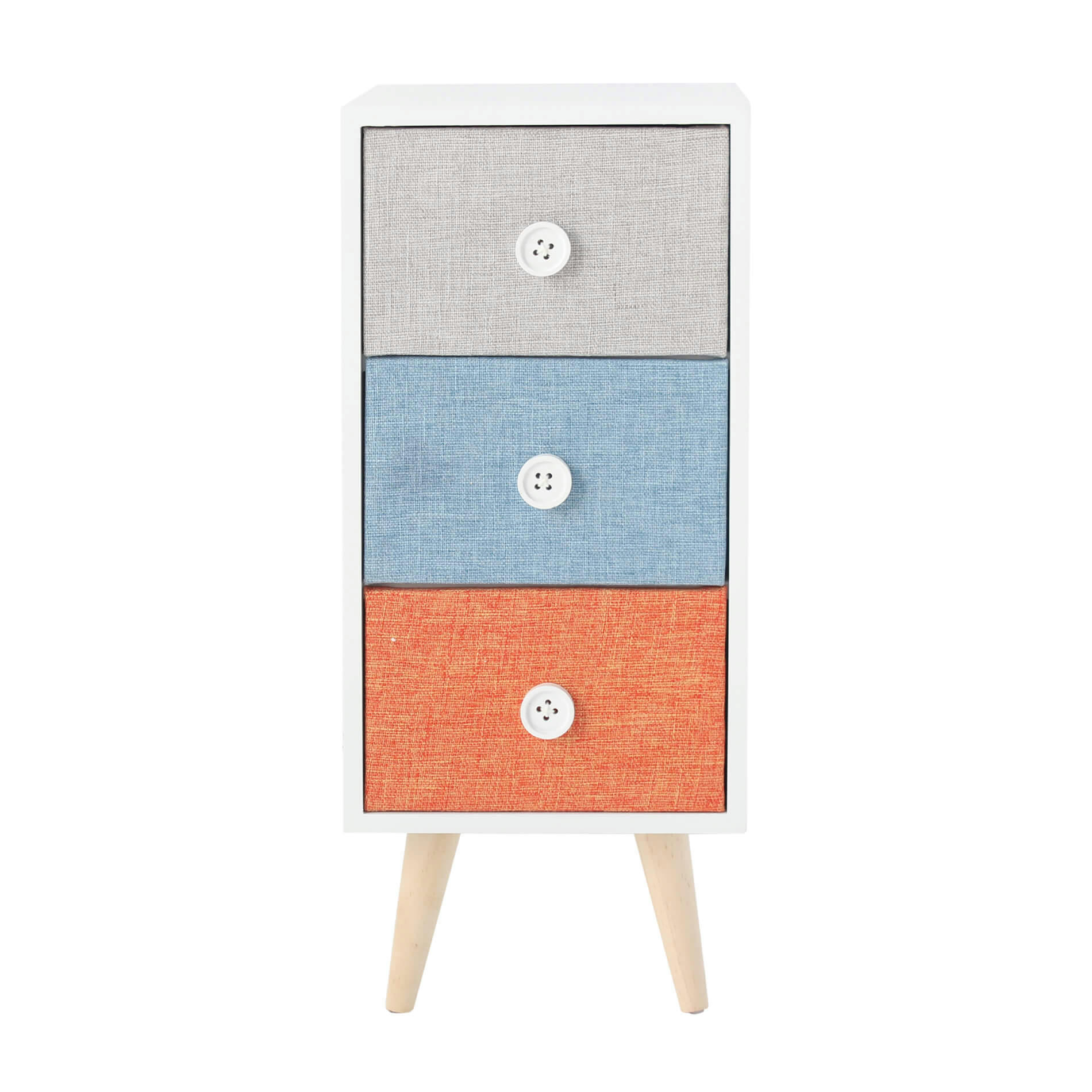 - Table de chevet avec 3 tiroirs à boutons en MDF et tissu blanche
