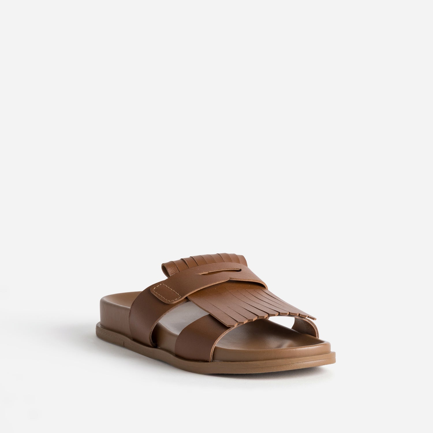 Mule anatomique cognac cuir avec patte frangée