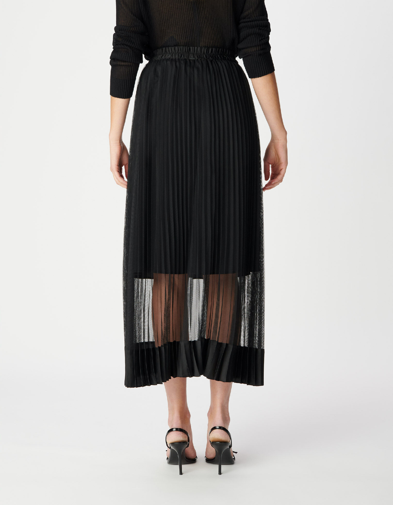Jupe longue plissée noire tulle bas satiné Femme
