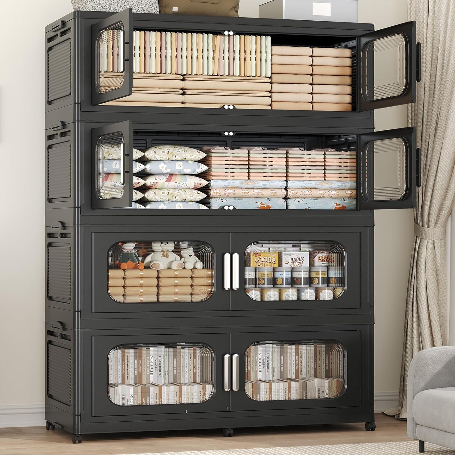 200Gal Extra Large Stackable Storage Bins with Lid & Wheels & Doors, 200QT/50GAL 4-Tiers Collapsible Closet Organizers Plastic Containers Drawers Boxes for Home Kitchen Bedroom, Black