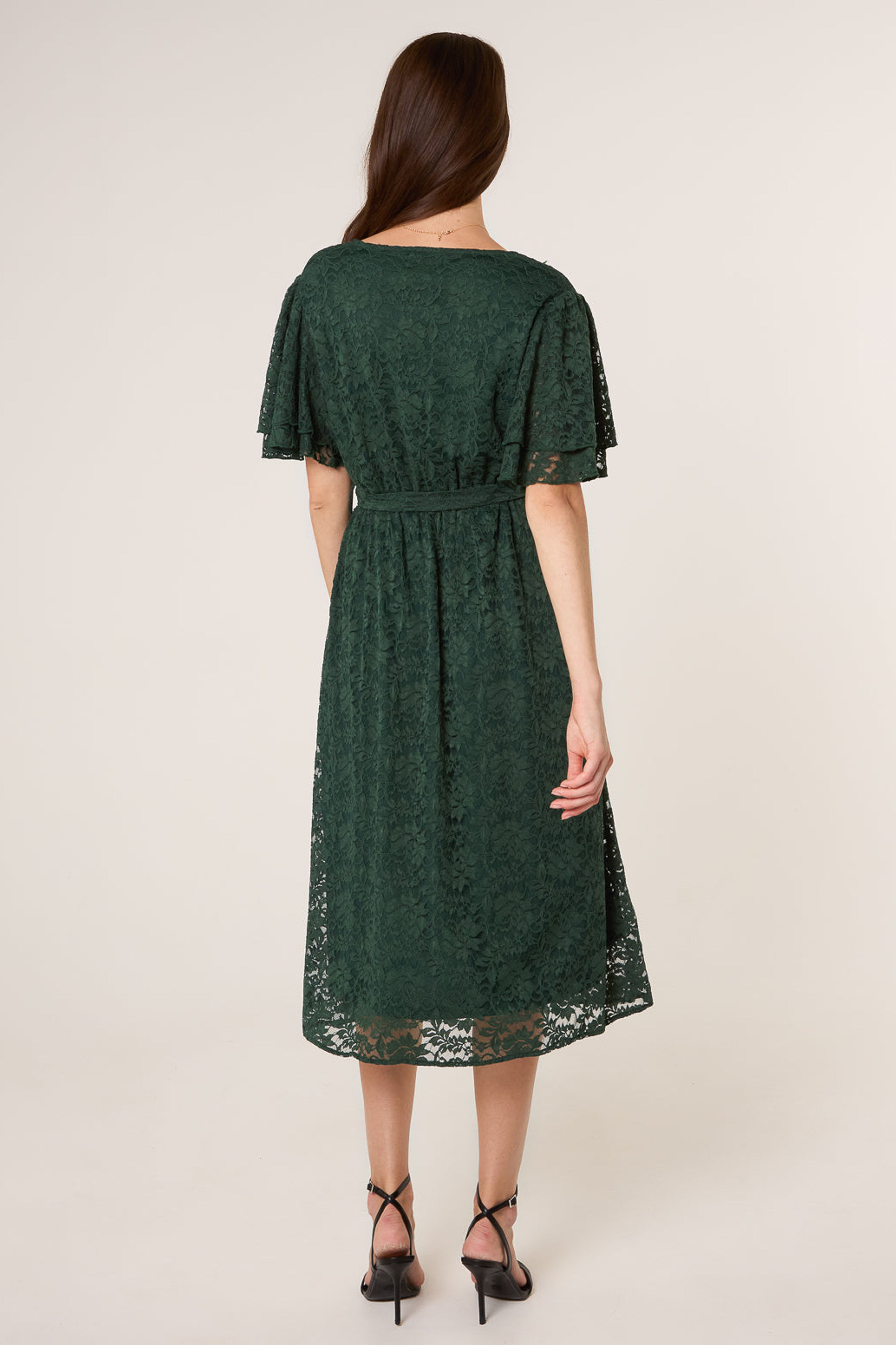 Blue Vanilla Dark Green Double Angel Sleeve Lace Midi Dress