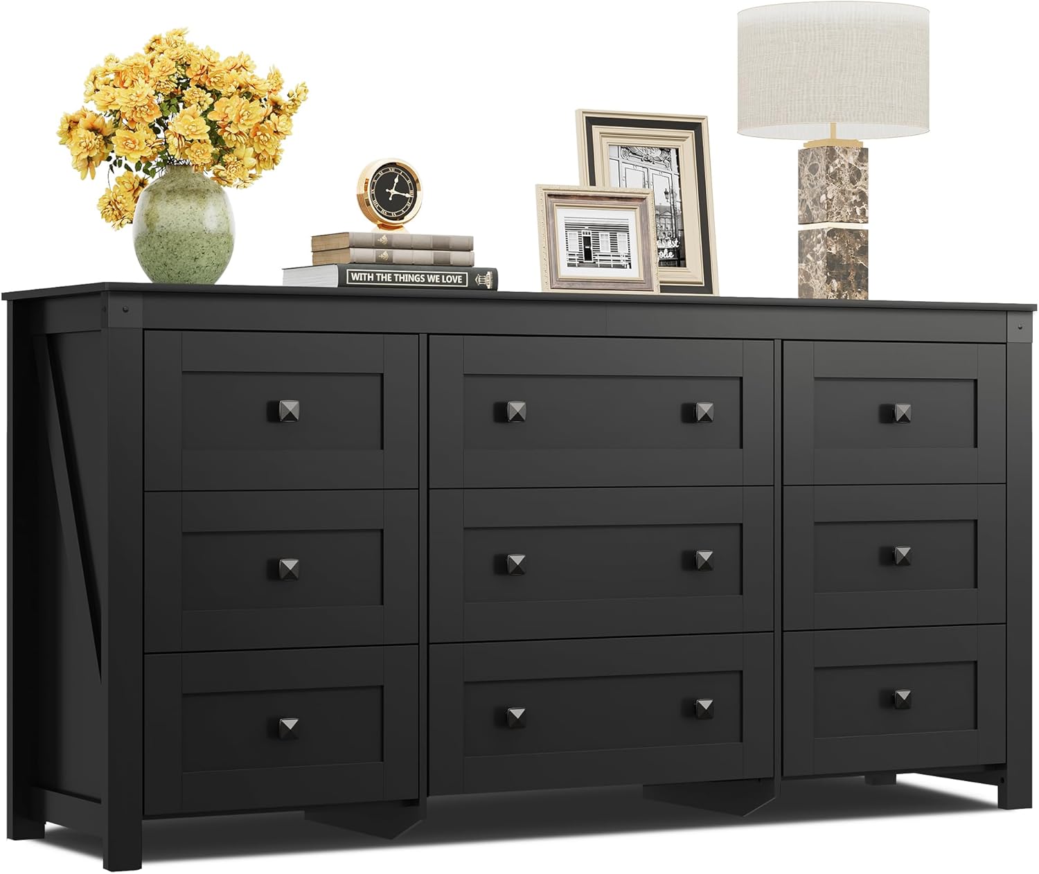 WLIVE Farmhouse Dresser for Bedroom, 63 Wide 9 Drawer Dresser Storage Organizer, Wood Chest of Drawers for Bedroom, TV Stand for 70 inch TV, for Living Room, Hallway, Ball Bearing Slide (Black)
