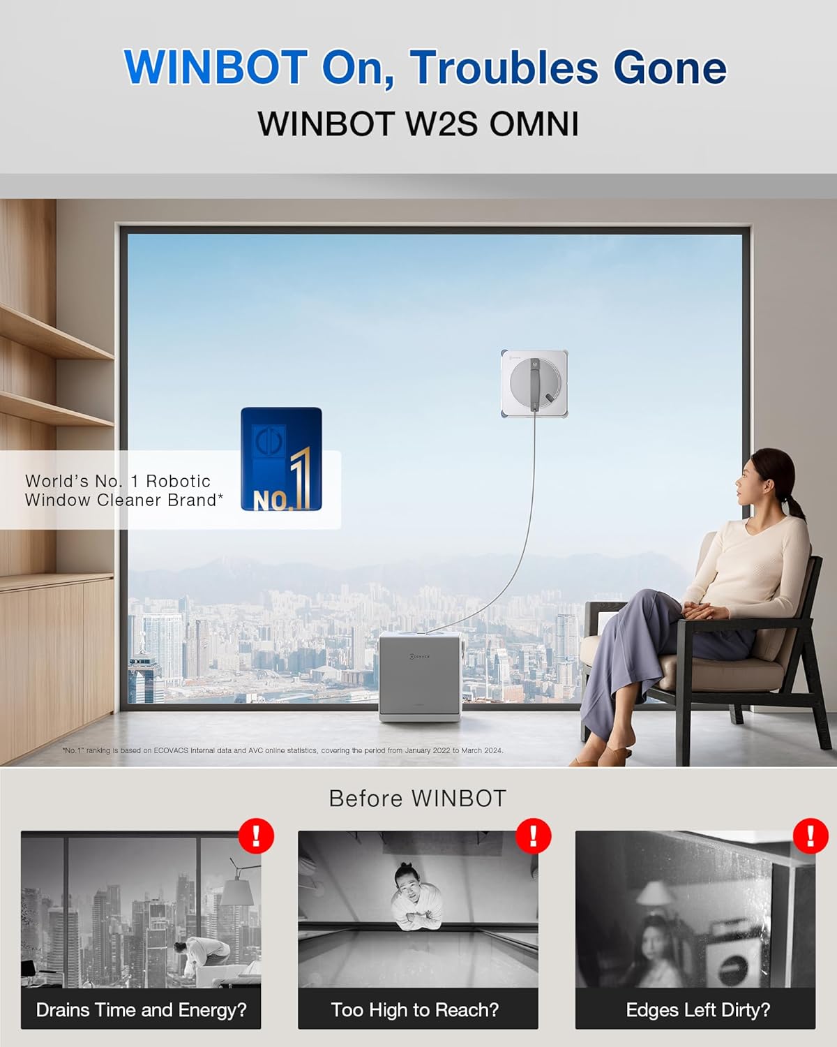 ECOVACS WINBOT W2S Omni Window Cleaning Robot, with 6-in-1 Multifunction Station, TruEdge Edge-to-Edge Precision, Triple Wide-Angle Spray Nozzles, 12-Level Safety System, Dual Power Modes