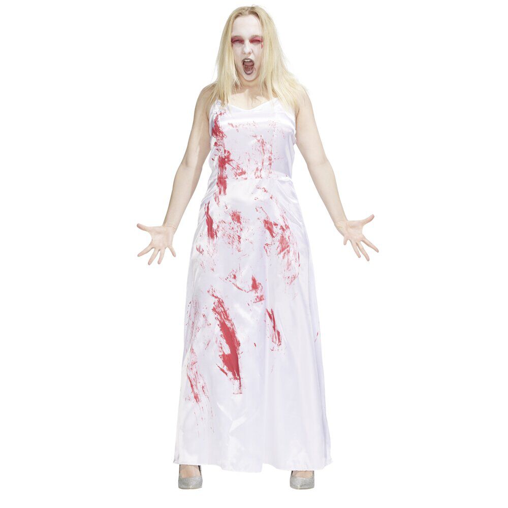 Déguisement Halloween adulte robe de mariée ensanglantée blanc et rouge