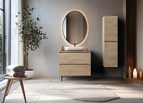 Meuble de salle de bain 80 cm avec plan de travail supérieur   pieds meuble, Couleur : Chêne Clair, 80 x 46 x 80,7 cm