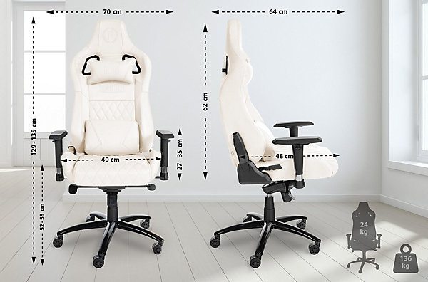 Fauteuil gaming en cuir, hauteur réglable, dossier inclinable, coussin lombaire, pivotant Blanc