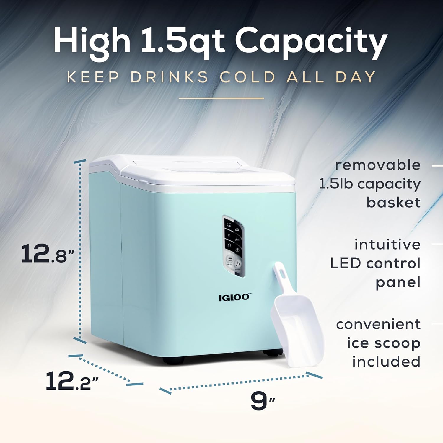 Igloo Automatic Ice Maker, Self-Cleaning, Countertop Size, 26 lbs in 24 Hours, 9 Large or Small Ice Cubes in 7 Minutes, LED Control Panel, Scoop Included, Great for Water Bottles, Mixed Drinks, Aqua