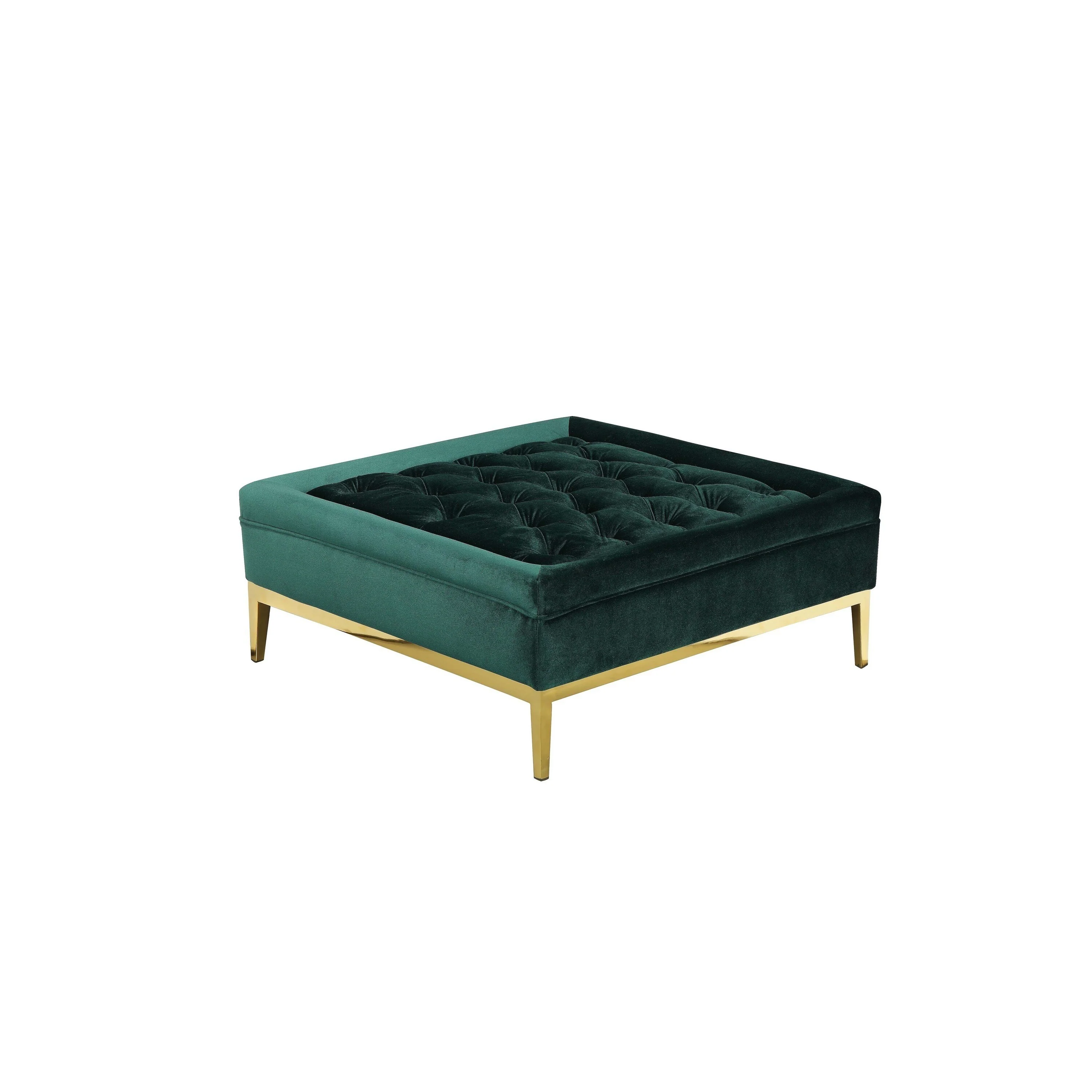 Vien 37 Inch Accent Ottoman, Square, Green Tuft Velvet, Gold Polished Steel