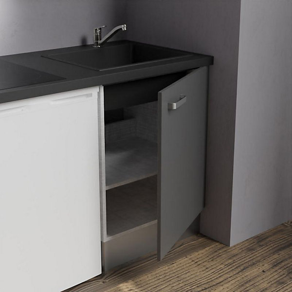 Kitchenette K02 - 120 cm - Façades : Gris - Plan de travail : Noir texturé - Crédences : Non - Evier Noir