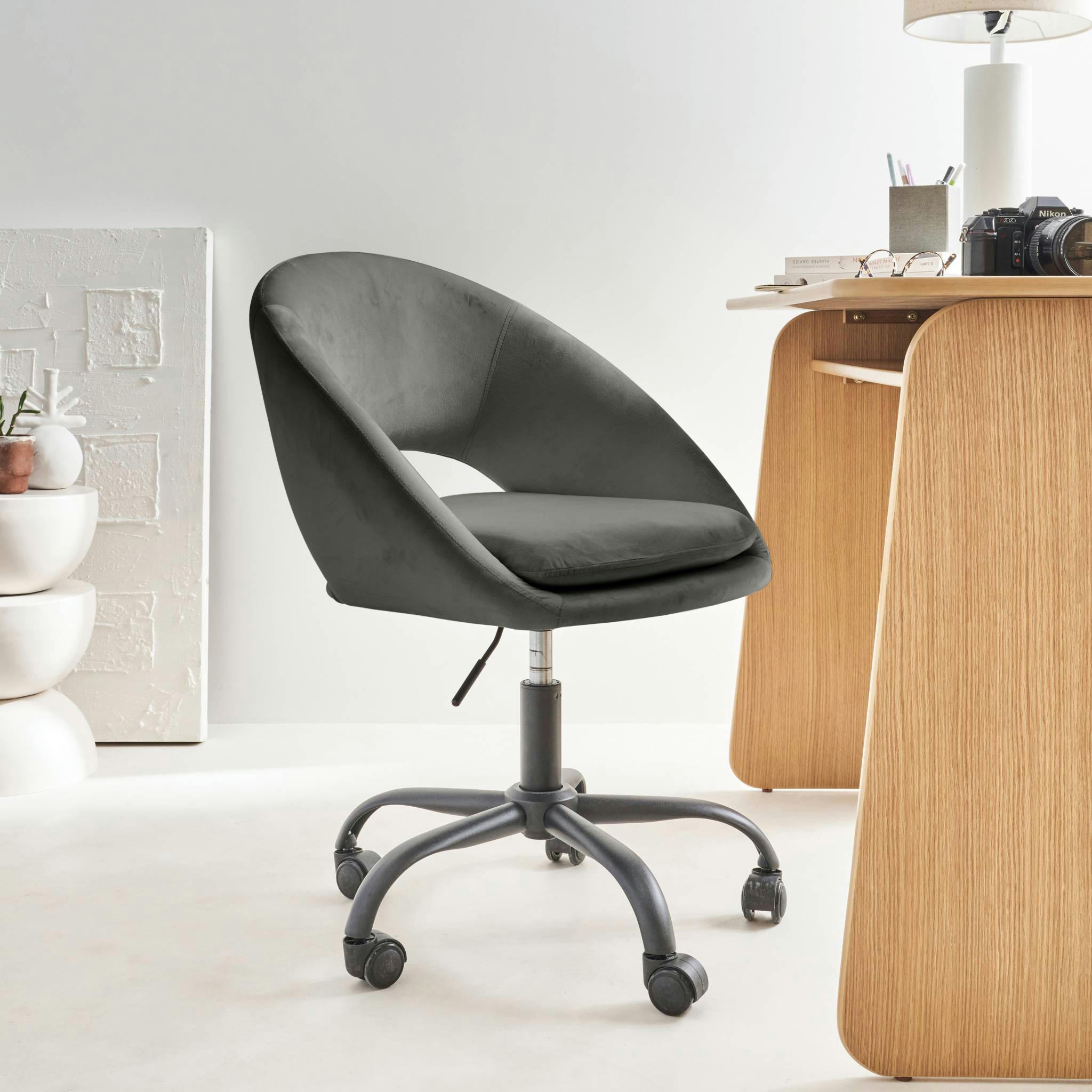 PAM - Chaise de bureau ronde à roulettes en velours gris