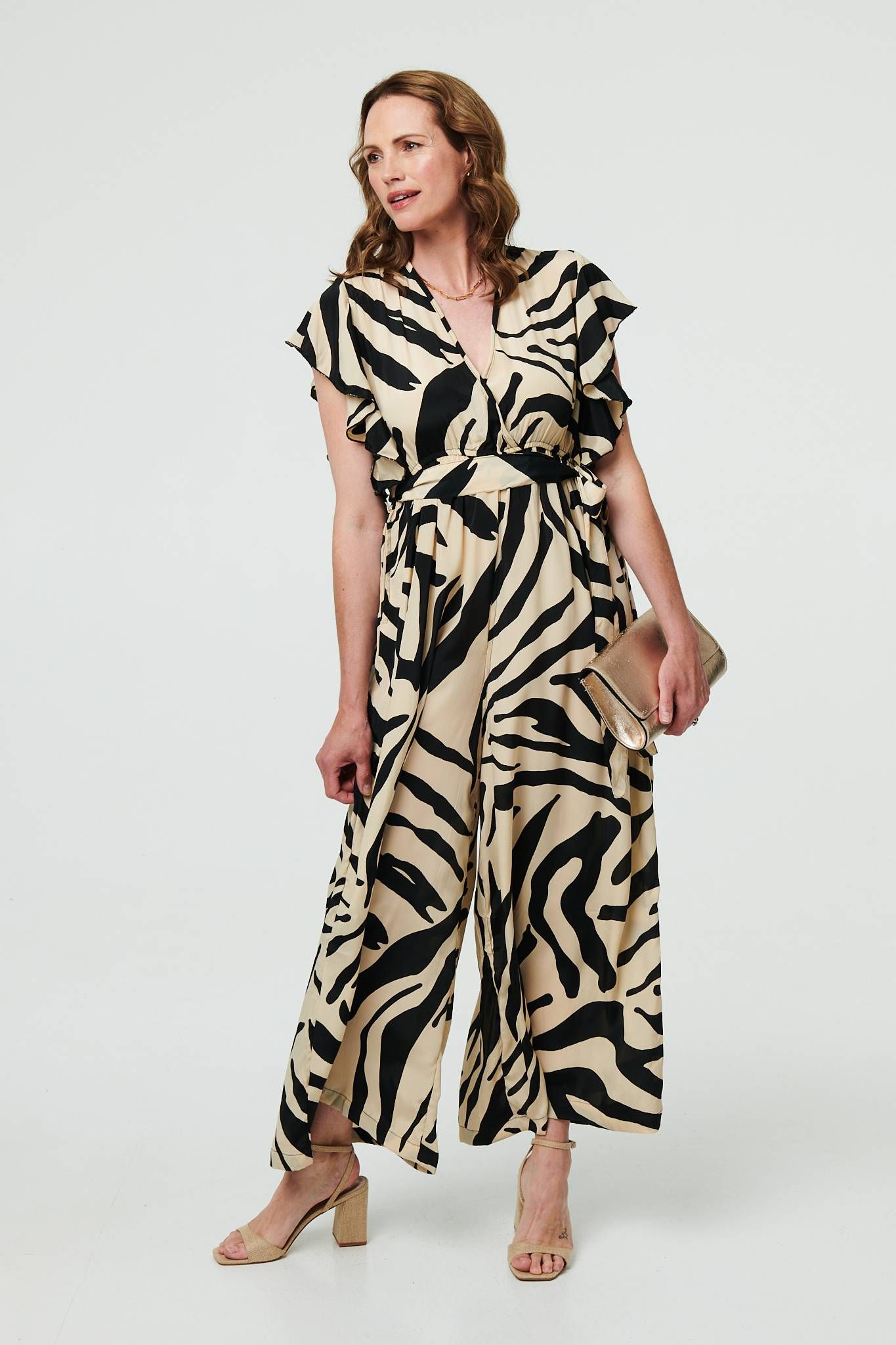 Izabel London Zebra Print Frilled Cap Sleeve Jumpsuit