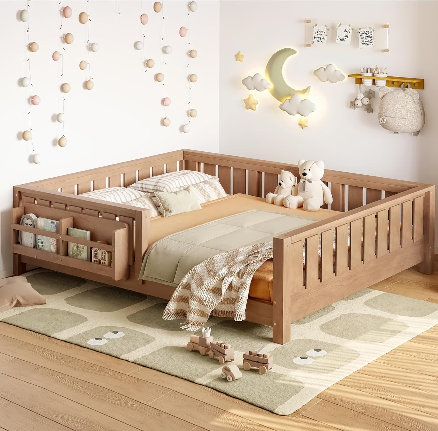Bellemave Full Size Floor Bed with Slats and Safety Guardrail, Full Size Montessori Floor Bed with Fence and Built-in Bookshelf, Easy Assemble Montessori Beds for Kids, Girls, Boys, Natural