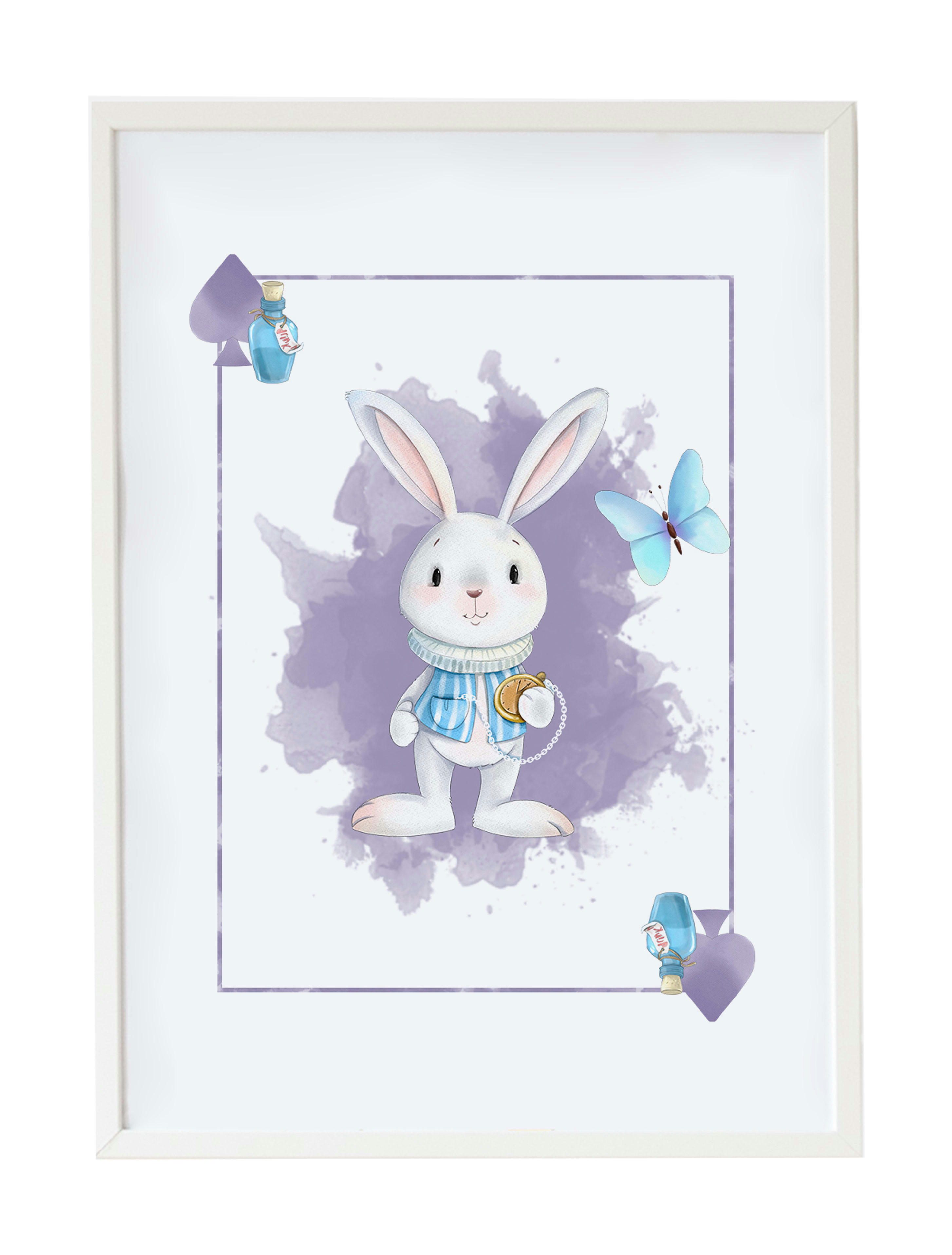 DECOWALL - Impression lapin Alice encadrée en bois blanc 43X33 cm
