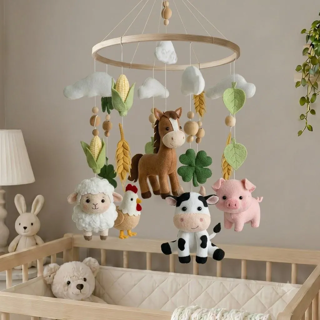 Farm Animal Baby Mobile, Felt Farm Crib Mobile, Cow Pig Horse Sheep Chicken Nursery Decor, Farmhouse Baby Shower Gift, Handmade Baby Mobile