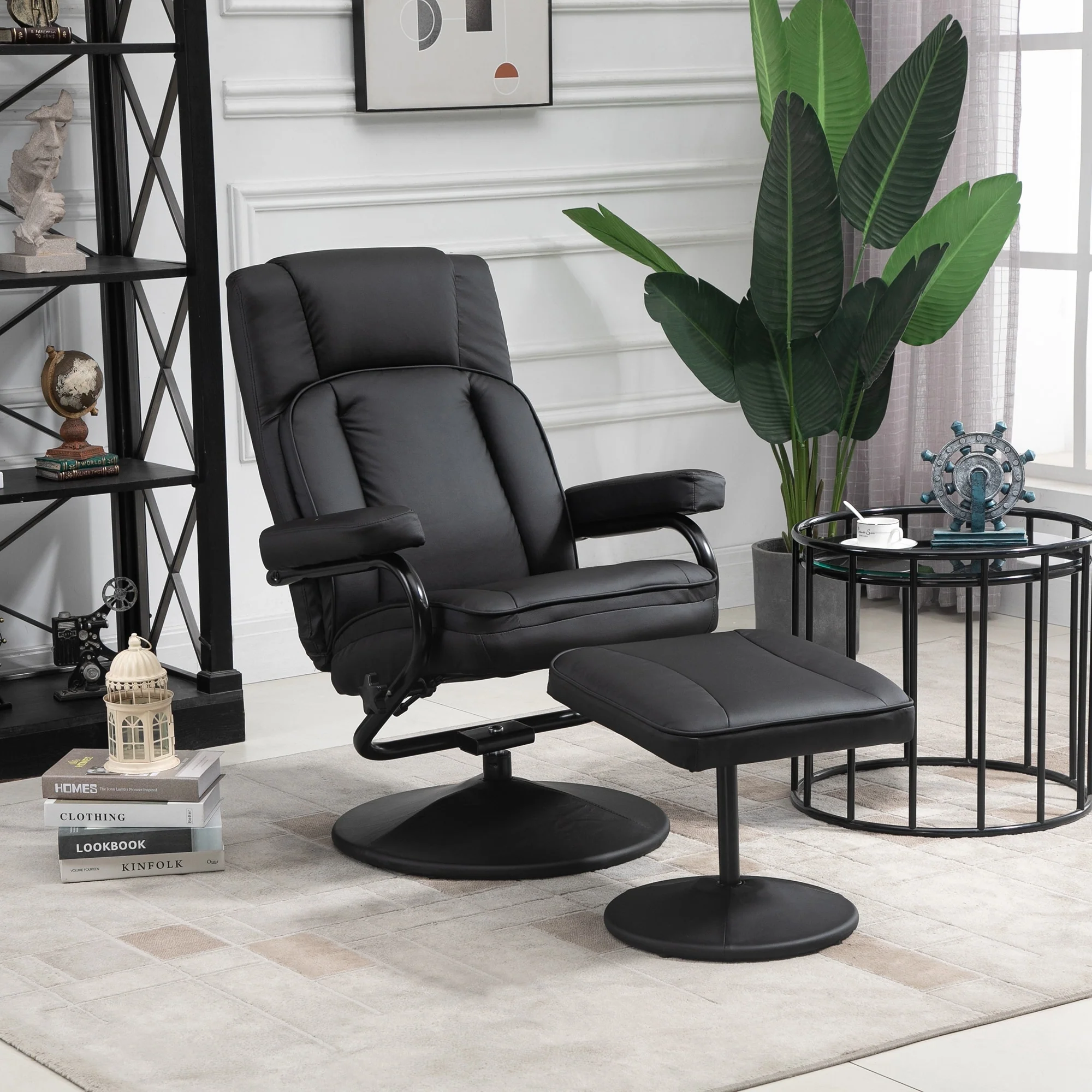 Manual PU Leather Recliner with Swivel Base and Ottoman, Adjustable Backrest & Padded Comfort for Home or Office