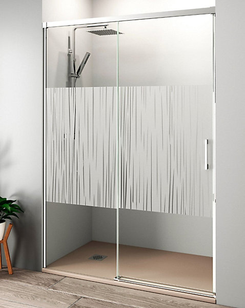 Paroi de douche coulissante 1 porte 1 fixe 1 porte150 cm (Adaptable 144-149cm)6 mm Sérigraphie anti-calcaireProfil Chrome