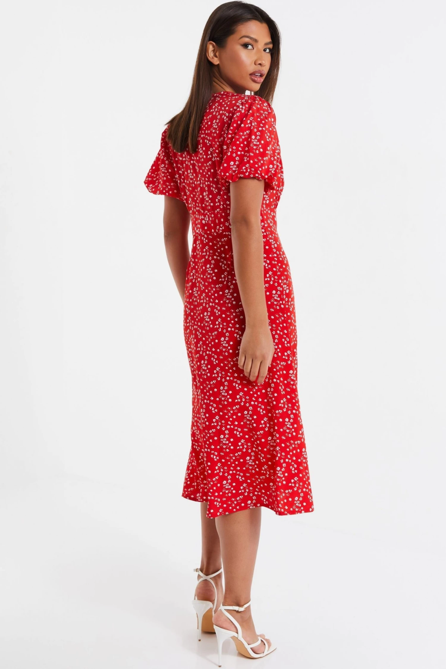 Quiz Red Ditsy Print Midi Dress