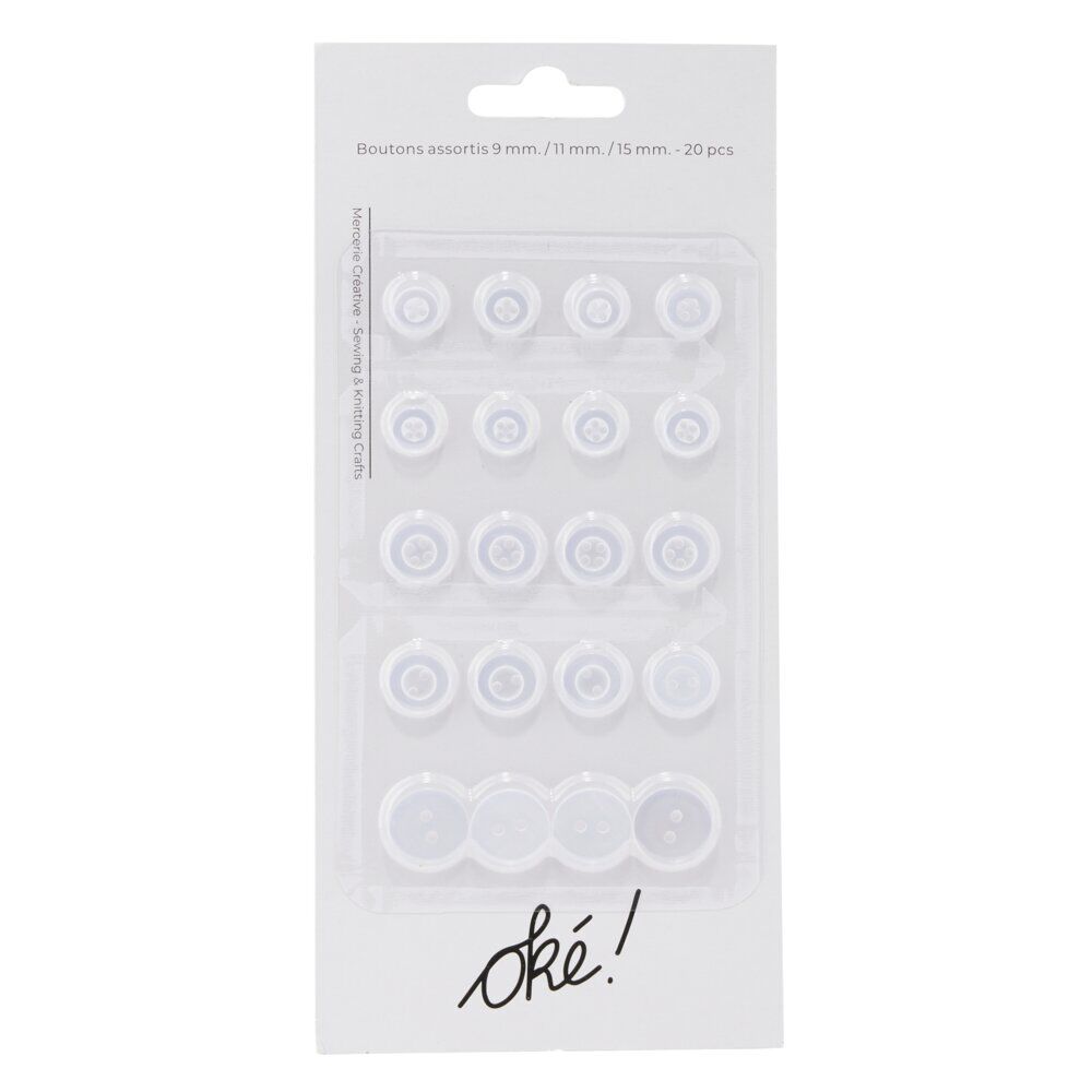 Bouton couture x20 plastique blanc transparent Ø9/11/15mm
