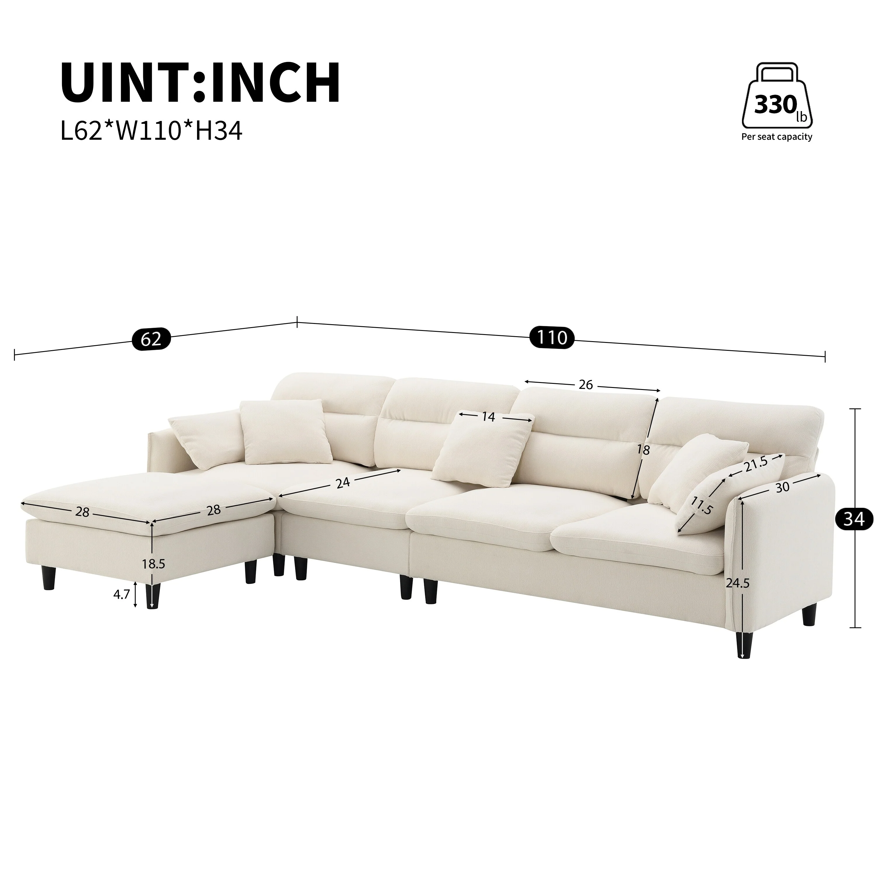 110 Modern L-Shaped Convertible 5-Seat Sectional Sofa with Removable Ottoman and 5 Cushions, Plush Chenille Fabric