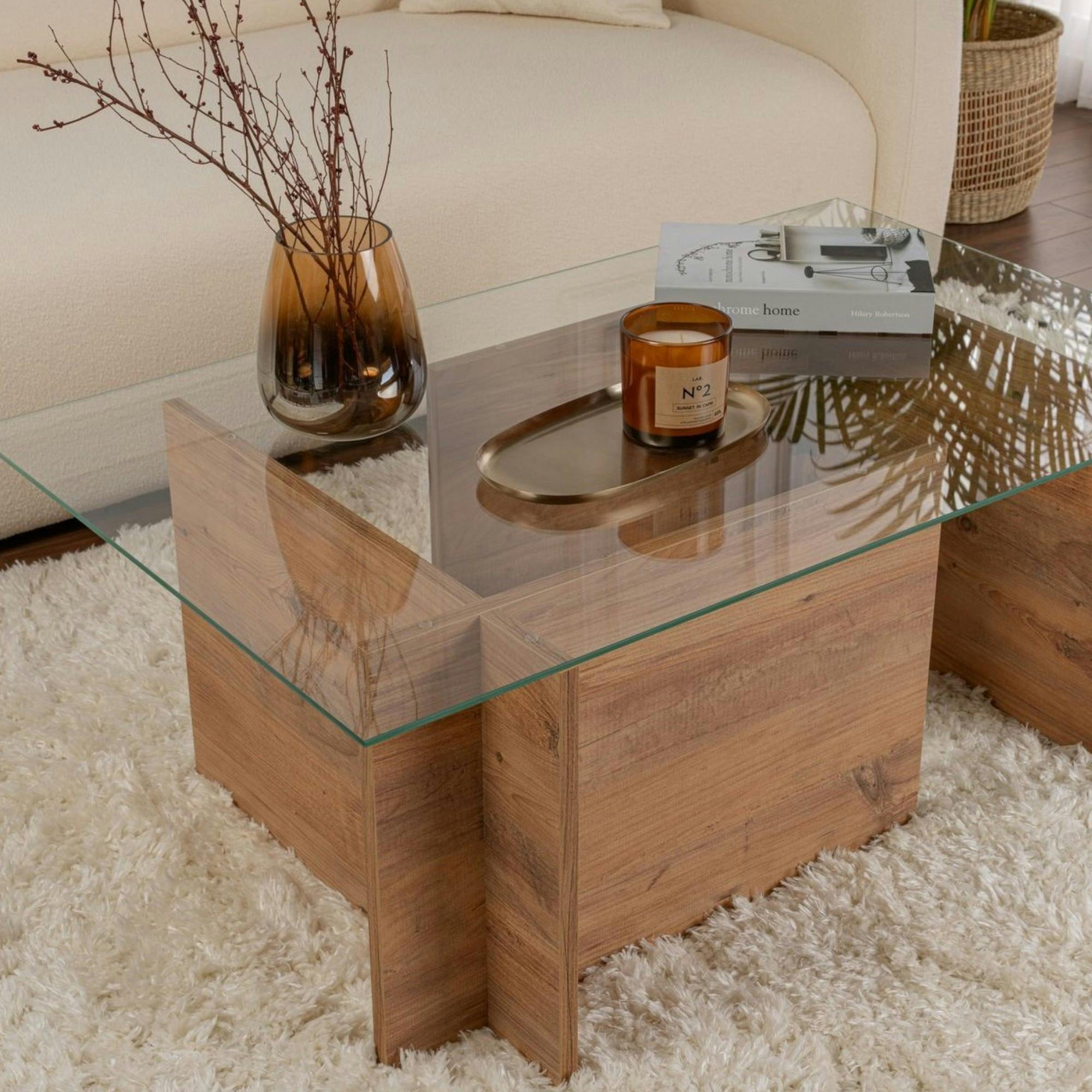 Table basse verre déstructurée – effet bois, H. 40 cm SALTA
